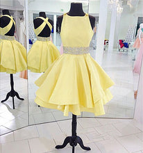 Load image into Gallery viewer, Yellow Homecoming Dress 2023 Short Sleeveless Satin with Belt Crisscross Back