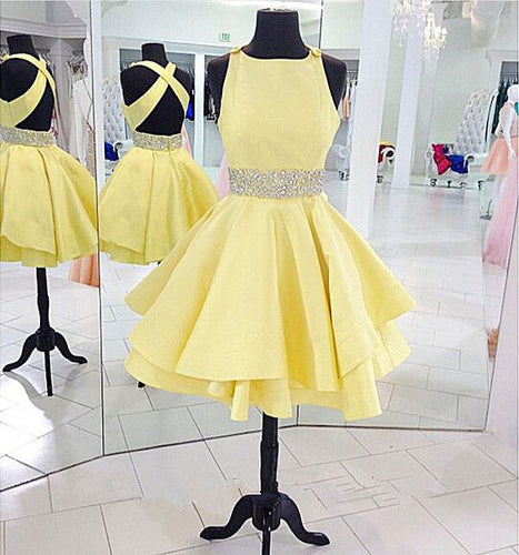 Yellow Homecoming Dress 2023 Short Sleeveless Satin with Belt Crisscross Back