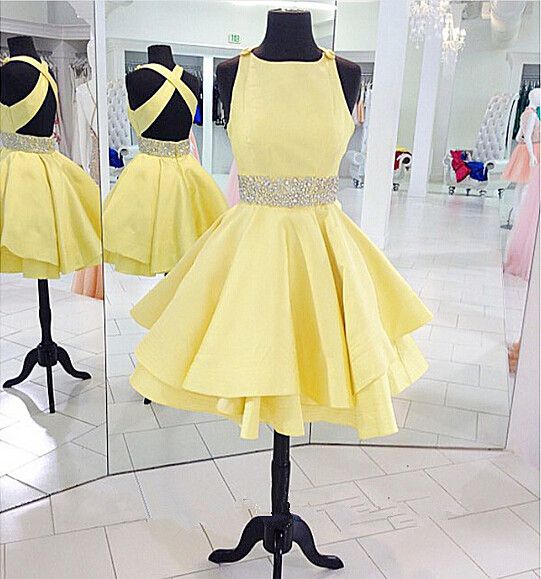 Yellow Homecoming Dress 2023 Short Sleeveless Satin with Belt Crisscross Back