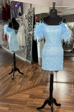 Load image into Gallery viewer, Blue Homecoming Dress 2023 Spaghetti Straps Sequin with Feathers Corset Back