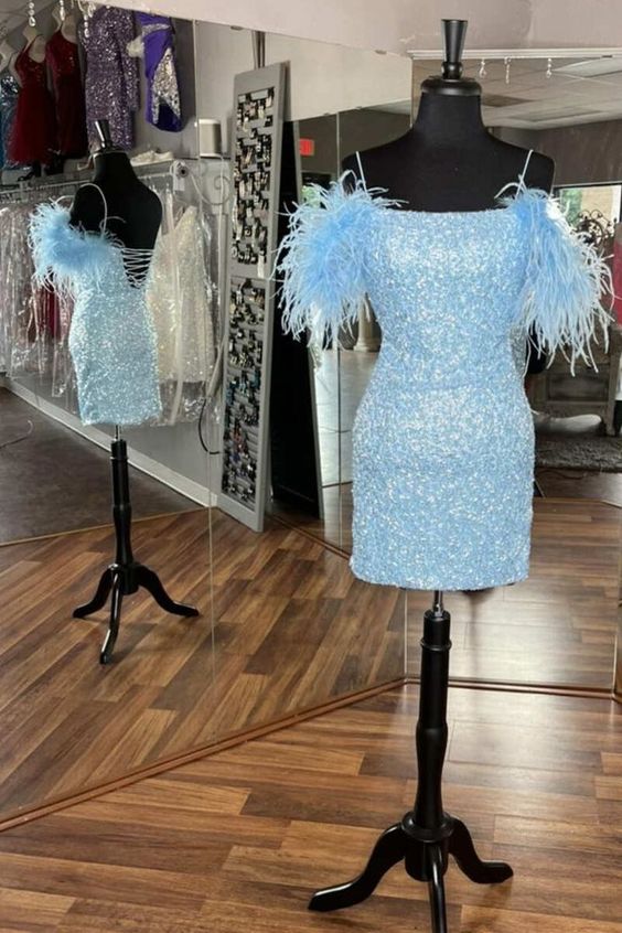 Blue Homecoming Dress 2023 Spaghetti Straps Sequin with Feathers Corset Back