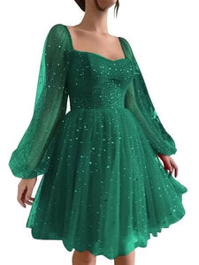 Green Homecoming Dress 2023 Short Long Sleeves Tulle Sparkly