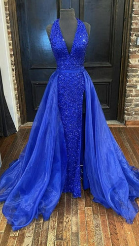 Royal Blue Prom Dress 2024 V Neck Sequin with Slit