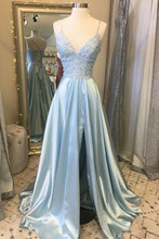 Load image into Gallery viewer, Light Blue Prom Dress 2024 Spaghetti Straps Satin with Slit