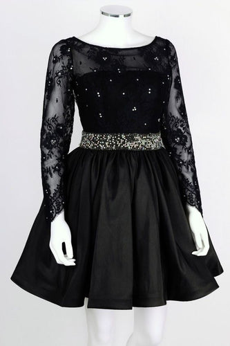 Black Homecoming Dress 2023 Short Beaded Long Sleeves Satin with Belt