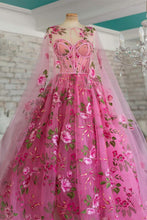 Load image into Gallery viewer, Pink Prom Dress 2024 Strapless Floral Tulle with Shawl