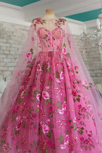 Pink Prom Dress 2024 Strapless Floral Tulle with Shawl