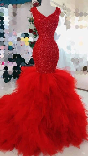 Red Prom Dress 2024 V Neck Sequin Sleeveless Mermaid