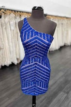 Load image into Gallery viewer, Blue Homecoming Dress 2023 One-shouder Sleeveless Sequin Strips