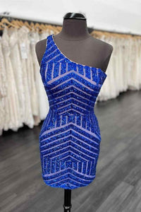 Blue Homecoming Dress 2023 One-shouder Sleeveless Sequin Strips