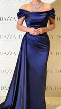 Load image into Gallery viewer, Off-the-shoulder Mother of the Bride Dress 2025 Navy Satin Side Draping