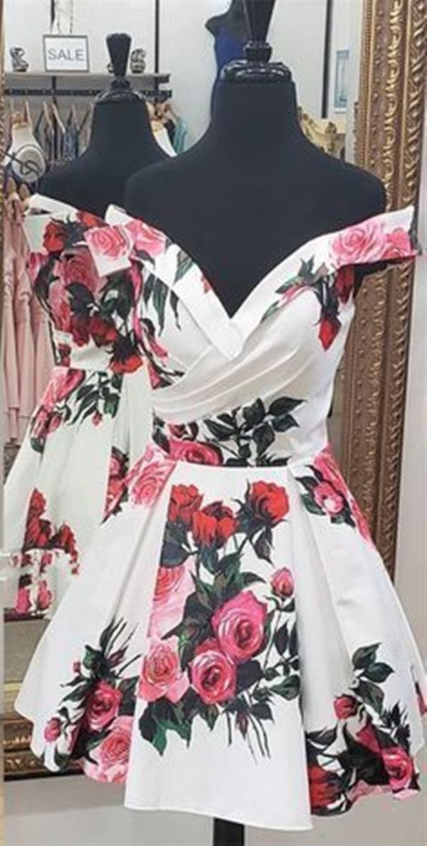 Floral Homecoming Dress 2023 Short Off the Shoulder Satin