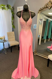 Pink Prom Dress 2024 Halter Neck Satin with Slit