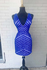 Royal Blue Homecoming Dress 2023 V Neck Sleeveless Sequin Strips
