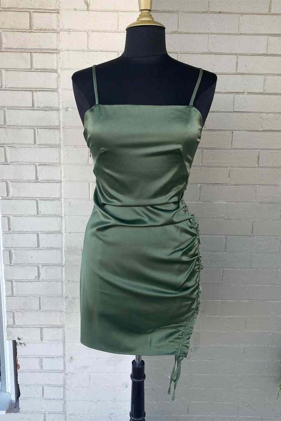 Green Homecoming Dress 2023 Short Spaghetti Straps Satin with Drawstring