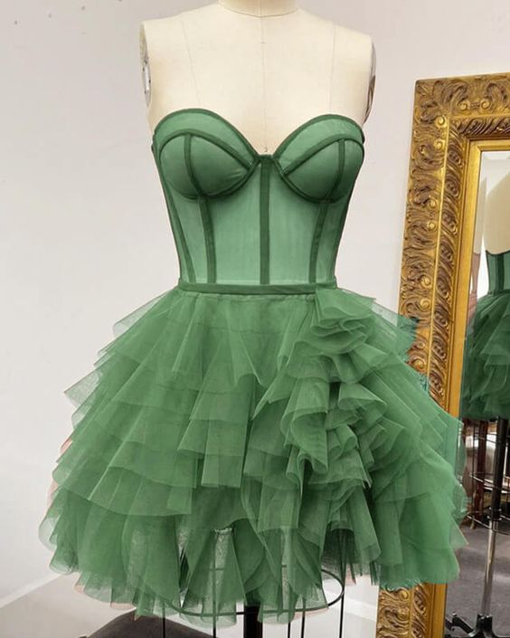 Green Homecoming Dress 2023 Short Strapless Princess Tulle Ruched