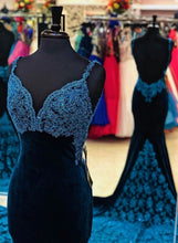 Load image into Gallery viewer, Dark Blue Prom Dress 2024 V Neck Velvet Lace Appliques