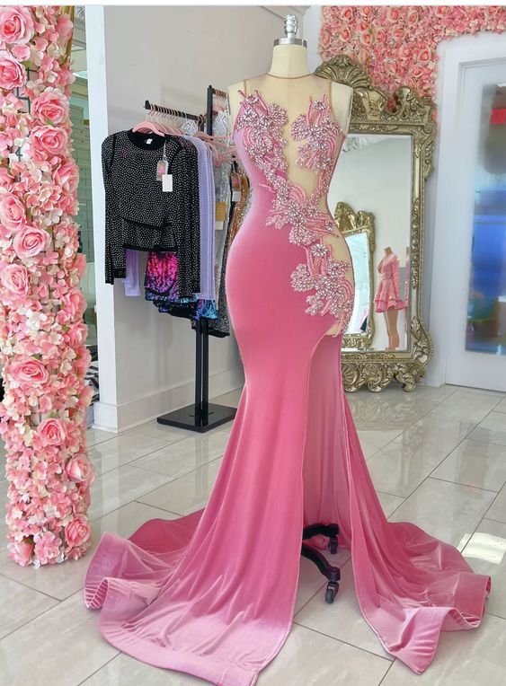 Pink Prom Dress 2024 Illusion Neck Velvet Beaded with Slit 16 / Custom Color