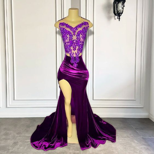 Purple Prom Dress 2024 V Neck Velvet Lace Appliques with Slit