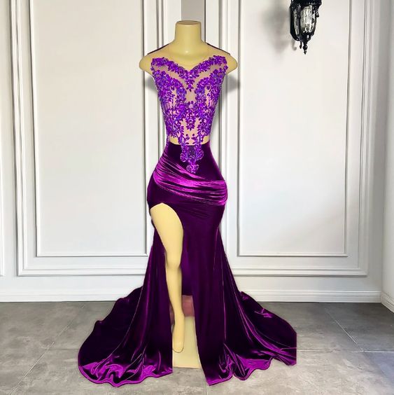 Purple Prom Dress 2024 V Neck Velvet Lace Appliques with Slit 22w / Custom Color