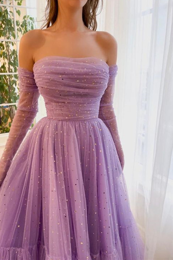 purple prom dresses with sleeves Puff Satin Long Dress, V-Neck Evening Dress US 16 / Purple Full Length Sleeve Style Purple Long Sleeve Prom Dress