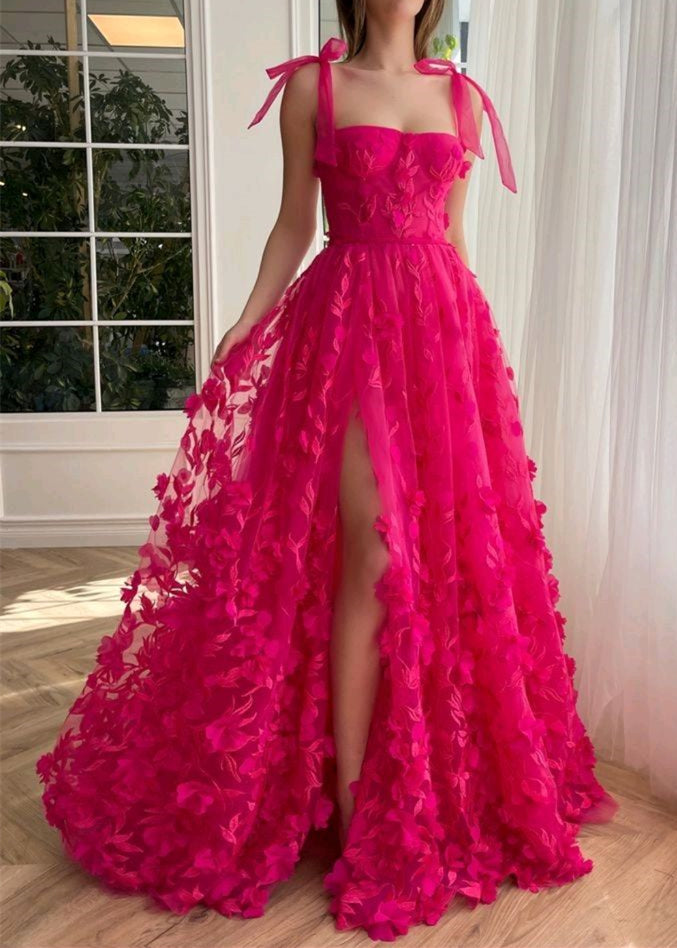 Hot Pink Prom Dress 2024 Straps Tulle with Slit