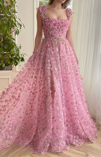 Pink Prom Dress 2024 Square Neck Floral Tulle with Slit