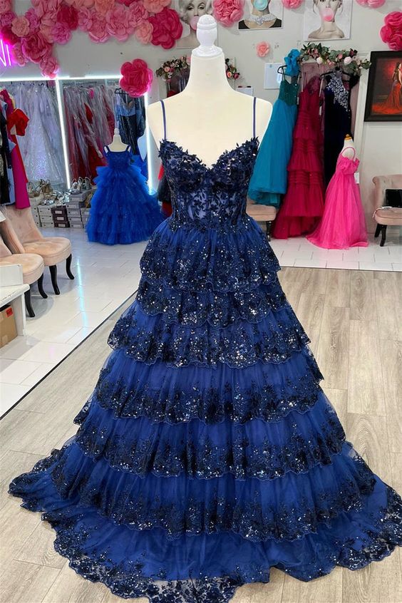Blue Prom Dress 2024 Spaghetti Straps Tulle Tiered