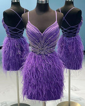 Load image into Gallery viewer, Purple Homecoming Dress 2023 Short Tight Spaghetti Straps Beaded with Feathers