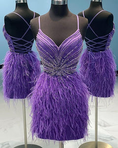 Purple Homecoming Dress 2023 Short Tight Spaghetti Straps Beaded with Feathers