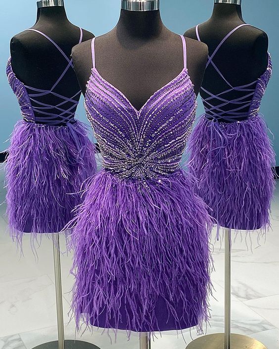 Purple Homecoming Dress 2023 Short Tight Spaghetti Straps Beaded with Feathers 14 / Custom Color Purple Homecoming Dress 2023 Short Tight Spaghetti Straps Beaded with Feathers 14 / Custom Color