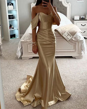 Load image into Gallery viewer, Champagne Gold Satin Bridesmaid Dress 2025 Mermaid with Horsehair Hem