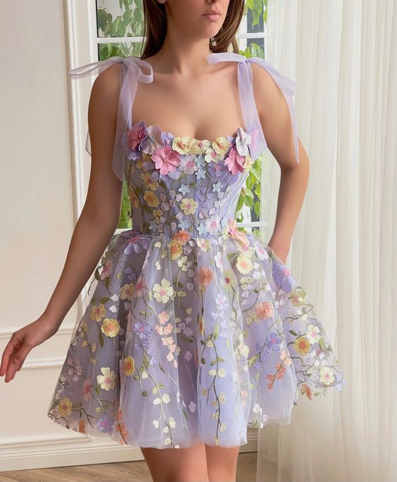 Lilac Prom Dress 2024 Short Floral Straps Tulle with Pleats