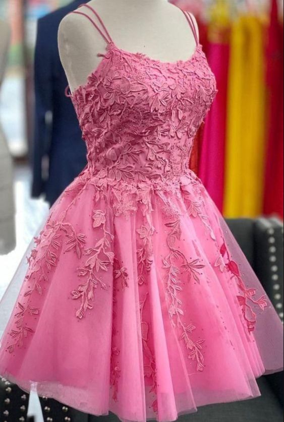 Pink Homecoming Dress 2023 Short Spaghetti Straps Tulle with Appliques –  AnnaCustomDress