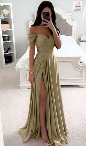 Green Prom Dress 2024 Off the Shoulder Satin with Slit