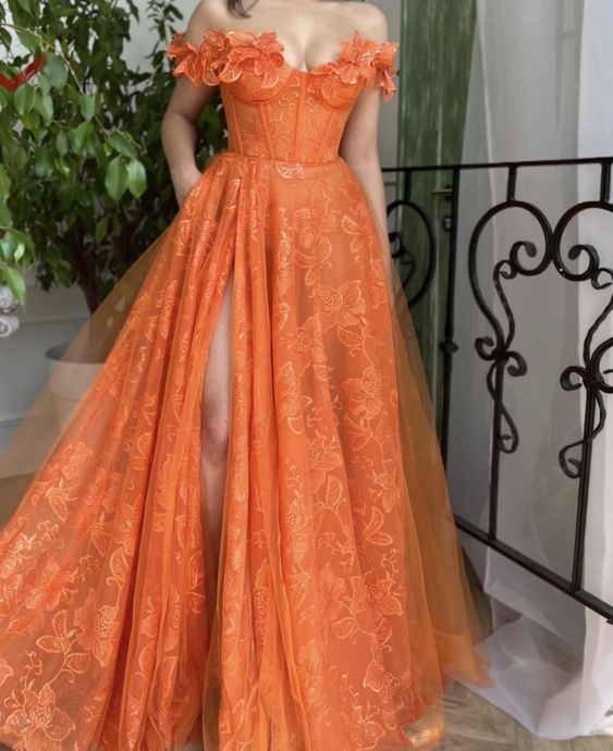 Orange Prom Dress 2024 Off the Shoulder Tulle with Slit AnnaCustomDress