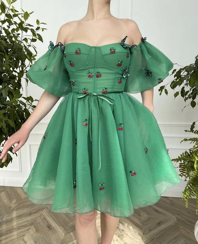 Cute Homecoming Dress 2023 Short Off the Shoulder Chiffon with Puffy Sleeves