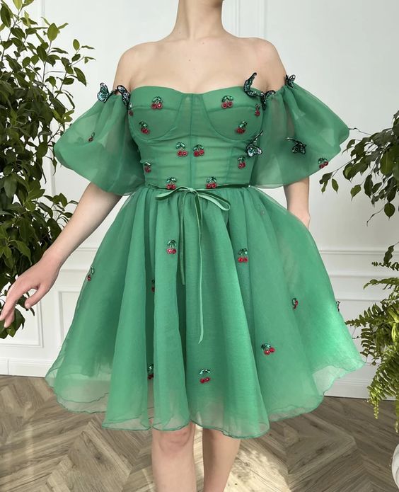 Cute Homecoming Dress 2023 Short Off the Shoulder Chiffon with Puffy Sleeves