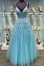 Load image into Gallery viewer, Blue Prom Dress 2024 V Neck Lace Appliques Tulle