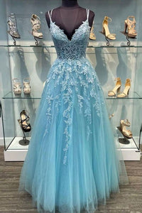 Blue Prom Dress 2024 V Neck Lace Appliques Tulle