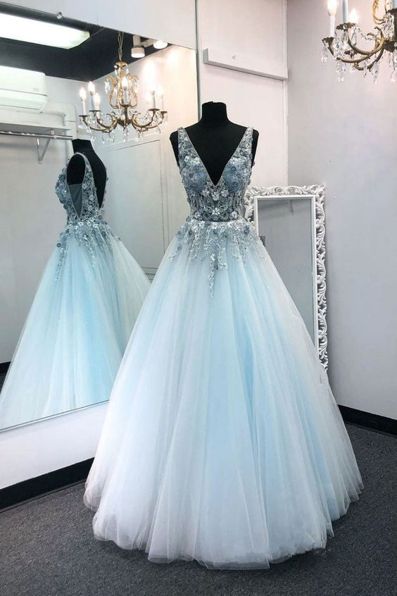 Blue Prom Dress 2024 V Neck Sleeveless Tulle with Appliques