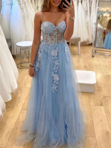 Blue Prom Dress 2024 Sweetheart Strapless Lace Appliques