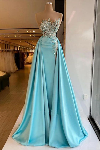 Blue Prom Dress 2024 Strapless Beaded Satin with Slit