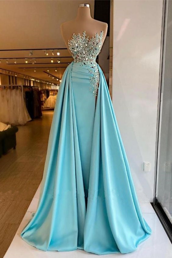 Blue Prom Dress 2024 Strapless Beaded Satin with Slit Custom Size / Same as sample Blue Prom Dress 2024 Strapless Beaded Satin with Slit Custom Size / Same as sample
