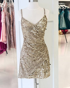 Champagne Short Homecoming Dress 2023 Spaghetti Straps Sequin Sparkly