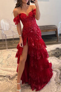 Red Prom Dress 2024 Off Shoulder Tiered Tulle with Slit