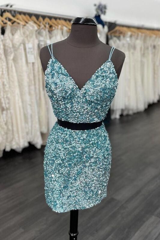 Short Homecoming Dress 2023 Tight Two Piece Spaghetti Straps Sequin Sparkly