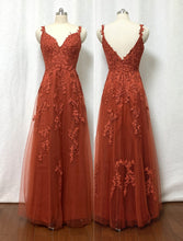 Load image into Gallery viewer, Burnt Orange Prom Dress 2024 Lace Appliques Over Tulle