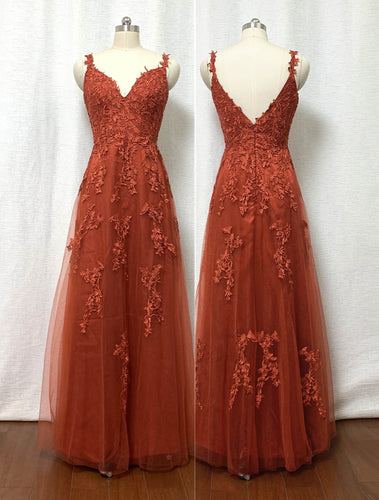 Burnt Orange Prom Dress 2024 Lace Appliques Over Tulle