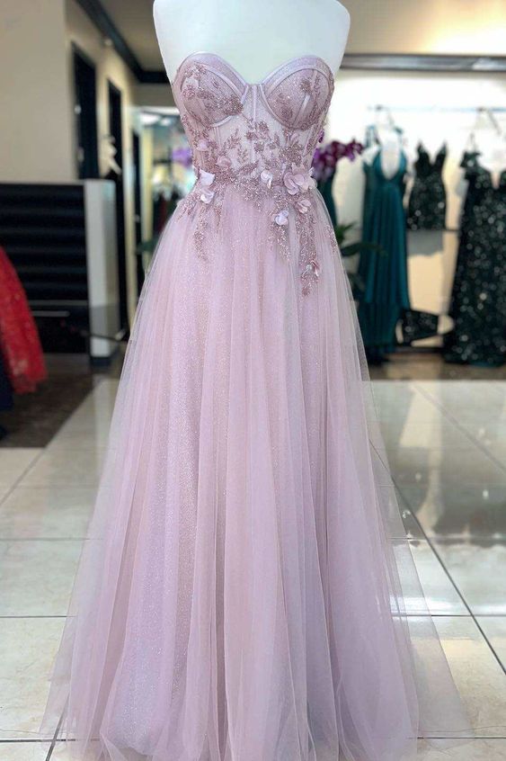 Pink Prom Dress 2024 Strapless Tulle Floral with Pleats
